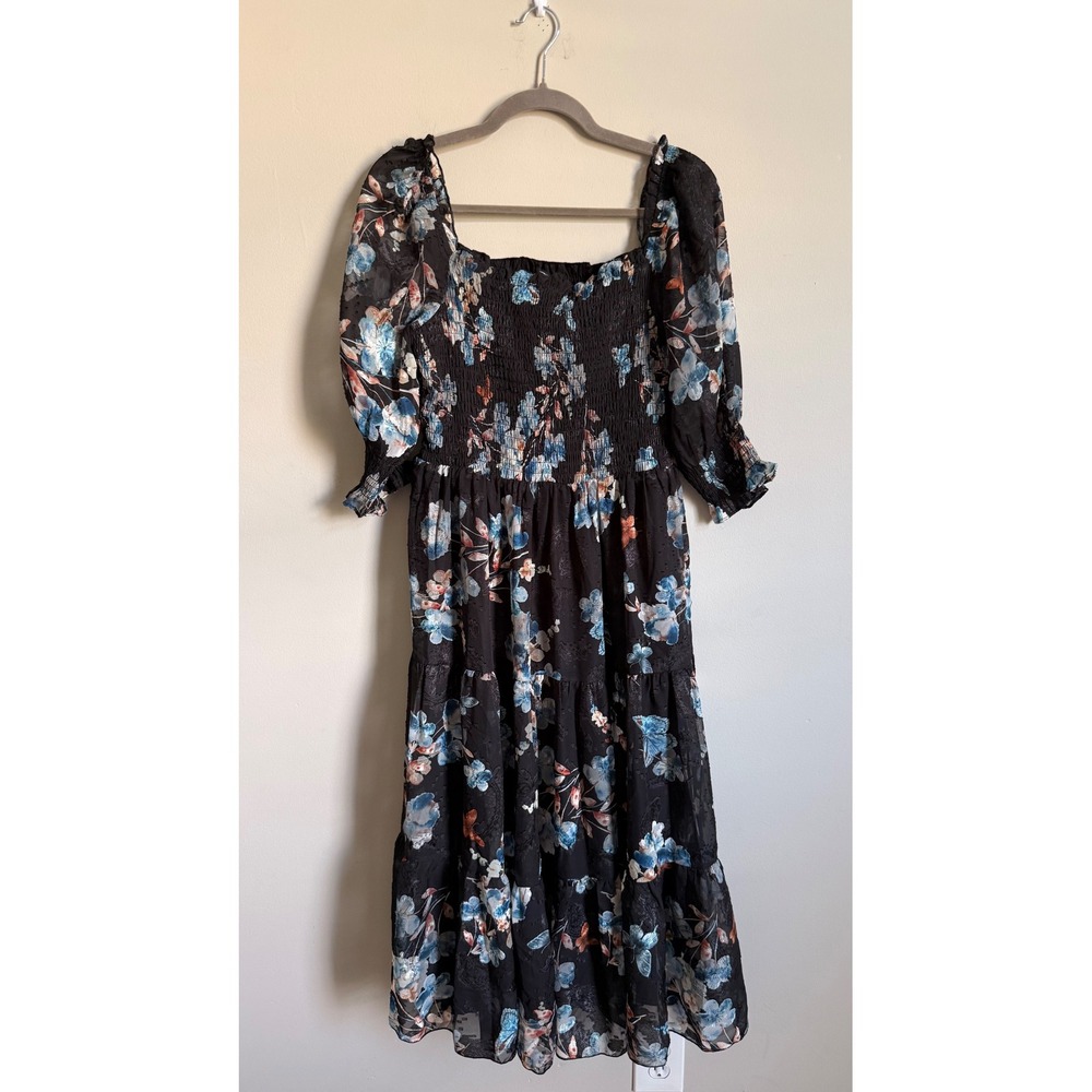 Baltic Born Black Floral Smocked Midi Dress Puff Sleeve Tiered Large
